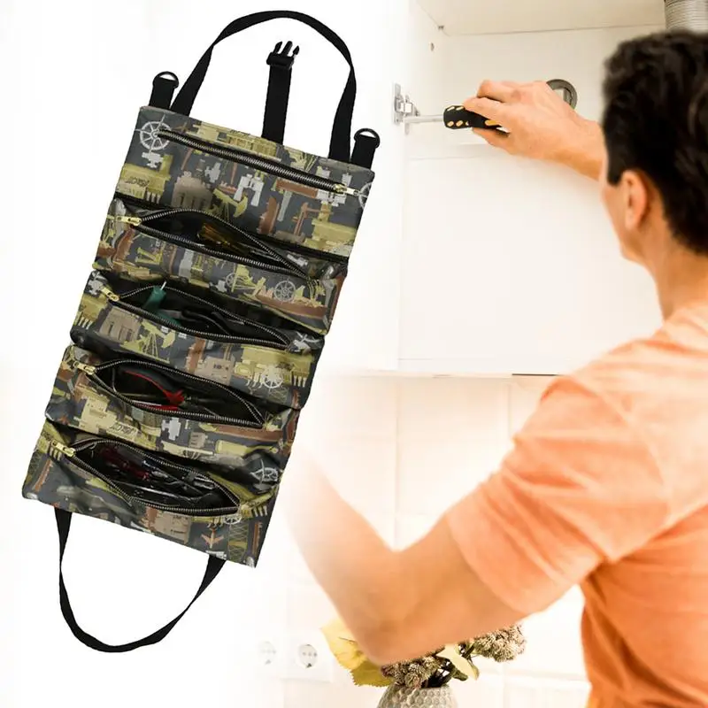 Roll Up Tool Pouch Heavy-Duty Large Canvas Roll Up Tool Bag Organizer Multi Purpose Tool Organizer For Car Pliers Electrician