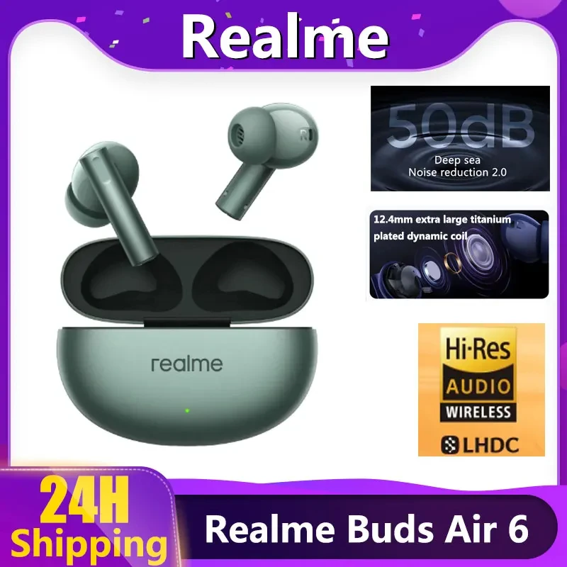 Realme 버즈 에어 6 무선 이어폰, 50dB 소음 감소, 방수 블루투스 5.3, 무선 고해상도 블루투스 헤드폰 2024, 신제품