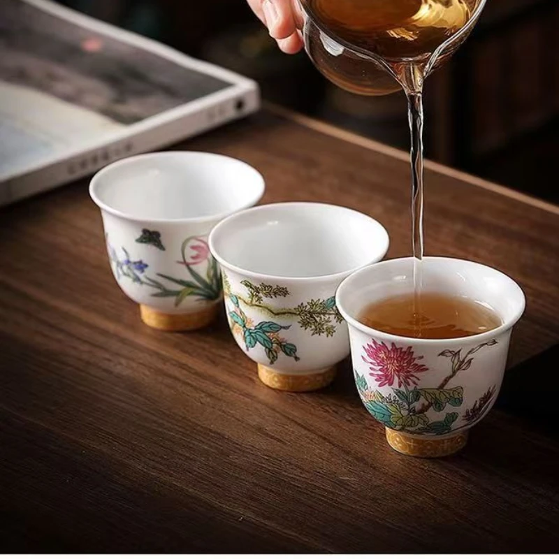 Kung Fu Tea Cup Twelve Flower Gods Set Enamel Pastel Ceramics 12 Pieces Gift Box Host’s Ceramics & Pottery Chinese Teaware Bar