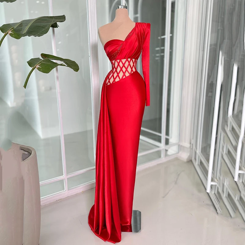 

Thinyfull Formal Prom Evening Dresses Women One Shoulder Beadings Mermaid Party Dress Simple Cocktail Gowns Saudi Arabia Dubai