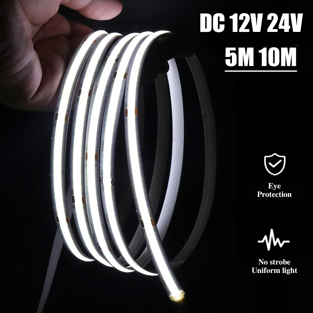 

320Leds/M DC 12V 24V 5M 10M COB Strip Width 8MM RA90 3000K 4000K 6000K High Density Flexible Ribbon Rope FOB LED Strip Light