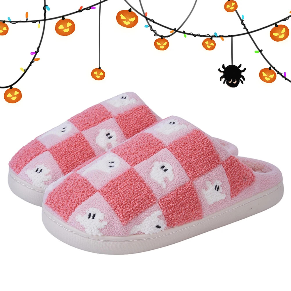 Ghost Checkered Plush Slippers Halloween Warm Flat Shoes Comfortable Thermal Closed Toe Slippers Non-Slip Soft Fluffy Shoes
