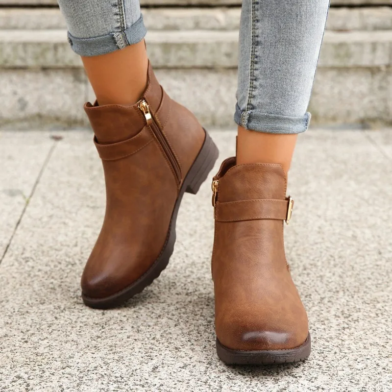 2023 Shoes Female Ankle PU Women's Boots Elegant Modern Boots Women Side Zip Belt Buckle Round Toe Chunky Heel Solid Shoes Women