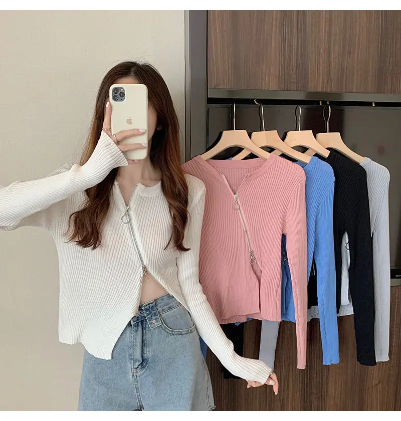 

Fall Girl Lady Woman Zipper Sweaters Spring Korean O-neck Sweater High Waist Sweater Top Femme Pull Women Coat Cloth Pullover