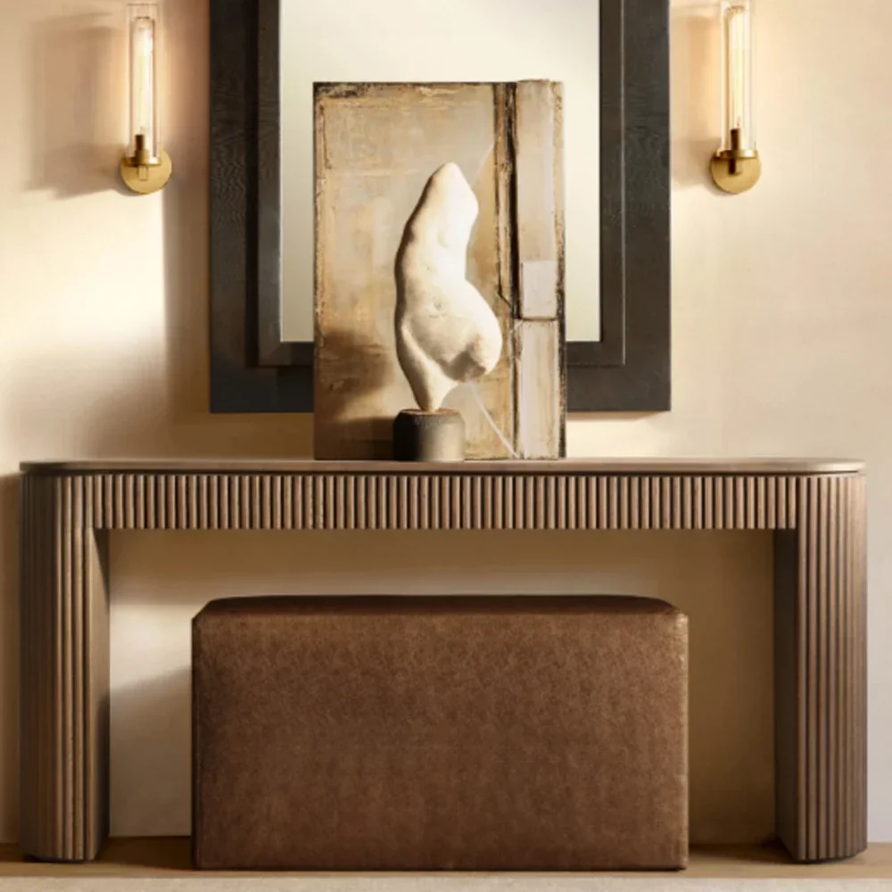 Modern Oak Entryway Table Furniture Wabi Sabi Fluted Wooden Narrow Console Tables for Living Room