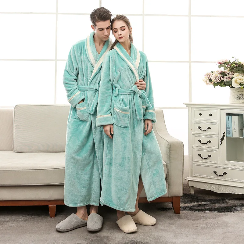 Autumn Winter Couple Flannel Nightwear Winter Thicken Warm Soft Robe Gown Sleepwear Women Men Coral Kimono Bathrobe Gown
