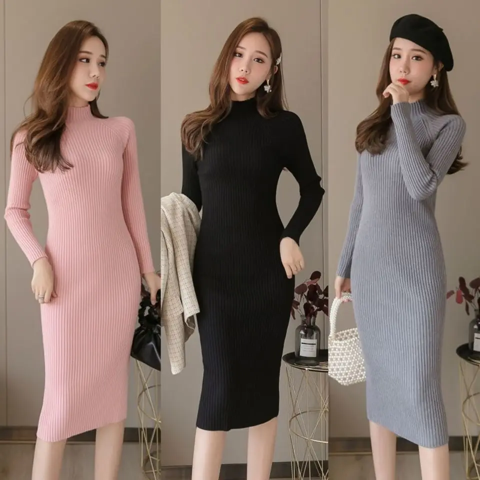 

Elastic Winter Twist Knitting Sweater Dresses Women Knitted Dress Autumn Casual Warm Pullovers Fashion Half High Neck Solid T22