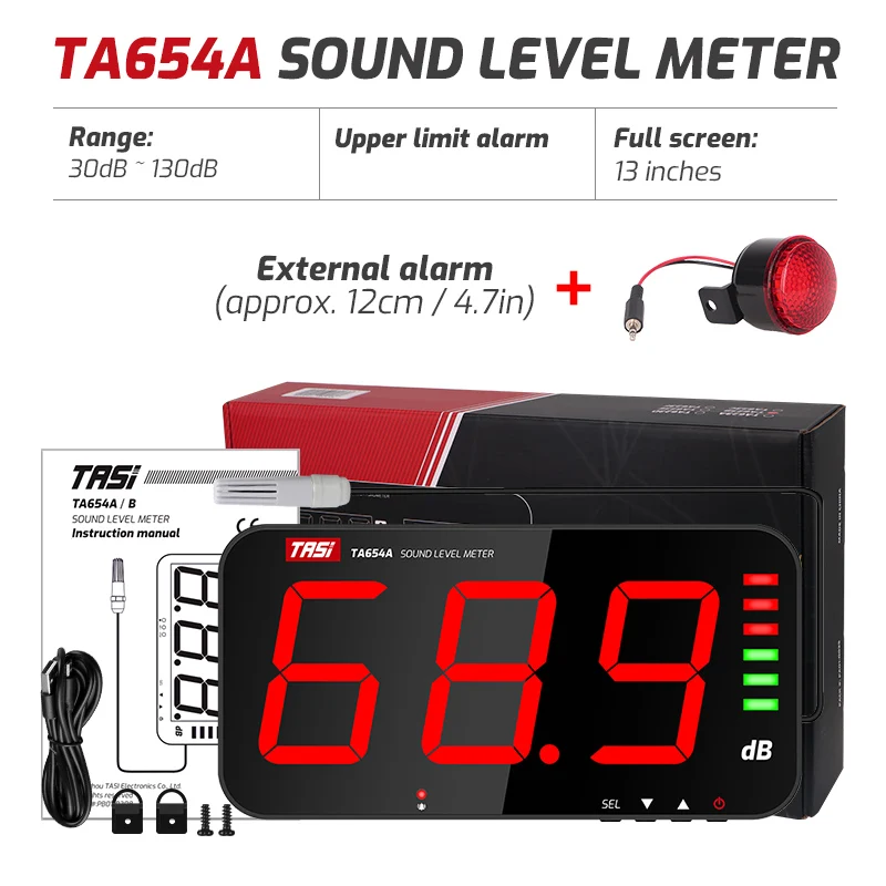 TASI TA654A/B 13 Inches LCD Decibel Meter With External Sensor, Wall Mount Sound Level Meter 3