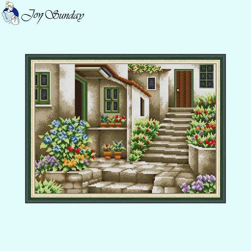 Stone Staircase Flower Scenery Cross Stitch DIY Hand Embroidery Kit Aida 14CT White 16CT 11CT Canvas Printed Needle Thread Set
