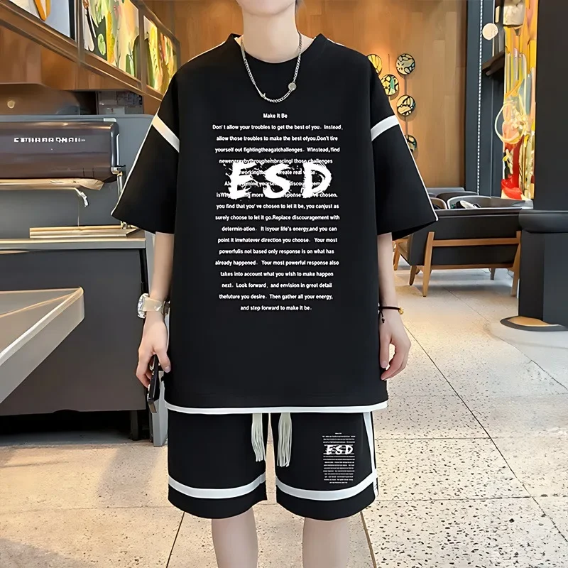 

Летний мужской комплект большого размера, американский Повседневный Спортивный костюм, дышащая футболка и шорты, комплект из 2 предметов, мужская одежда в стиле High Street