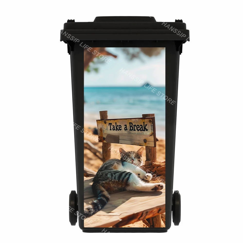Creative Animal Personality Murals Trash Can Sticker Removable Kitten Surfing Art Decals for Outdoor Wheeled Dustbin Poster