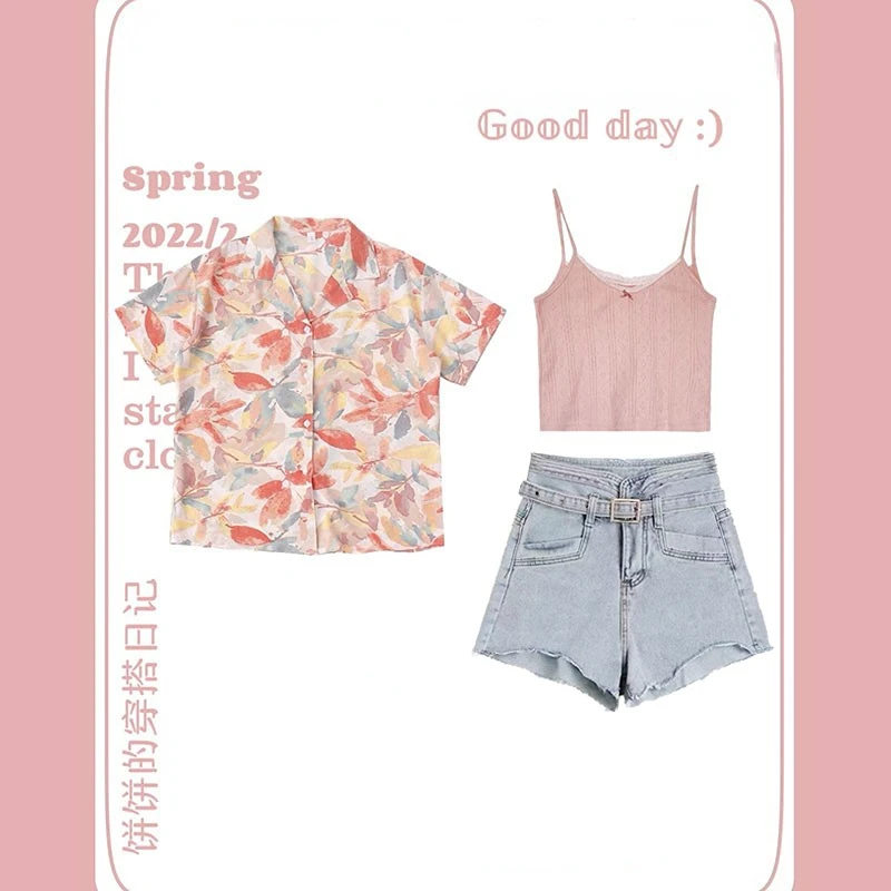 

2023 French Vintage Oil Painting Print Shirt Suit Collar Shirt Set Sweet Suspenders Light Jeans Three Pieces Set Female Y2K