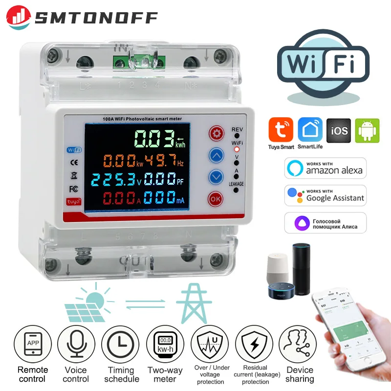 SMTONOFF 2P 100A Tuya WiFi Smart Bi-Directional Energy Power kWh Meter Leakage Over Under Voltage Protector Relay Switch Current Limit