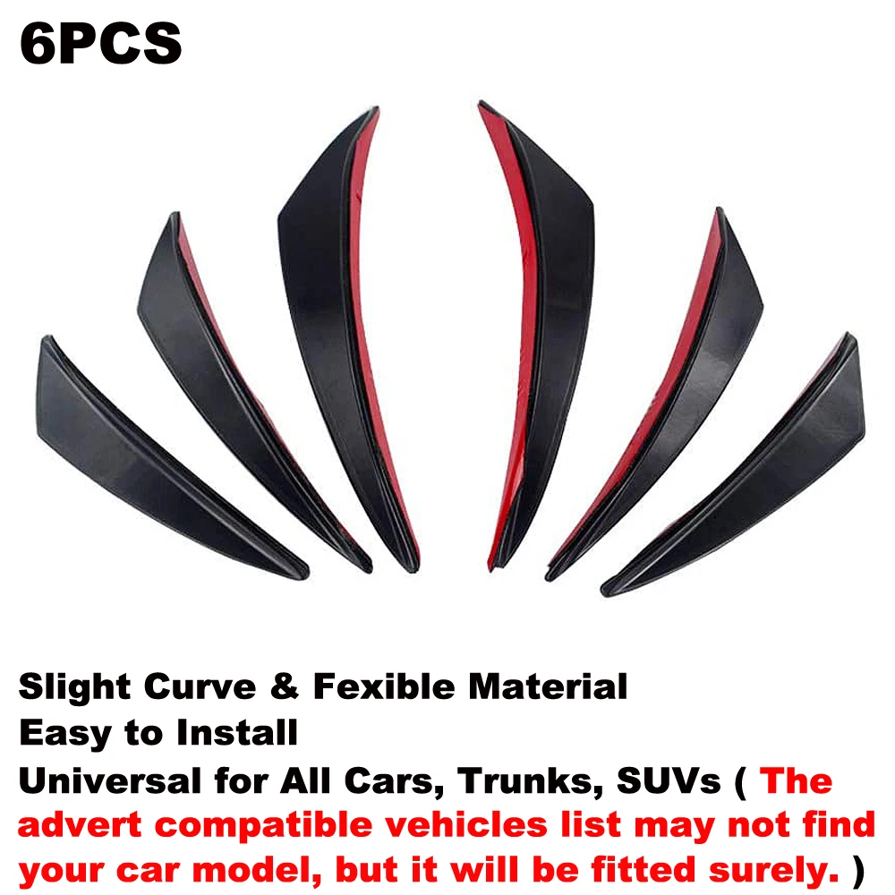 6pcs Universal Car Styling Accessories Front Bumper Lip Rubber Fins Splitter Spoiler Canards Valence Sticker Kit