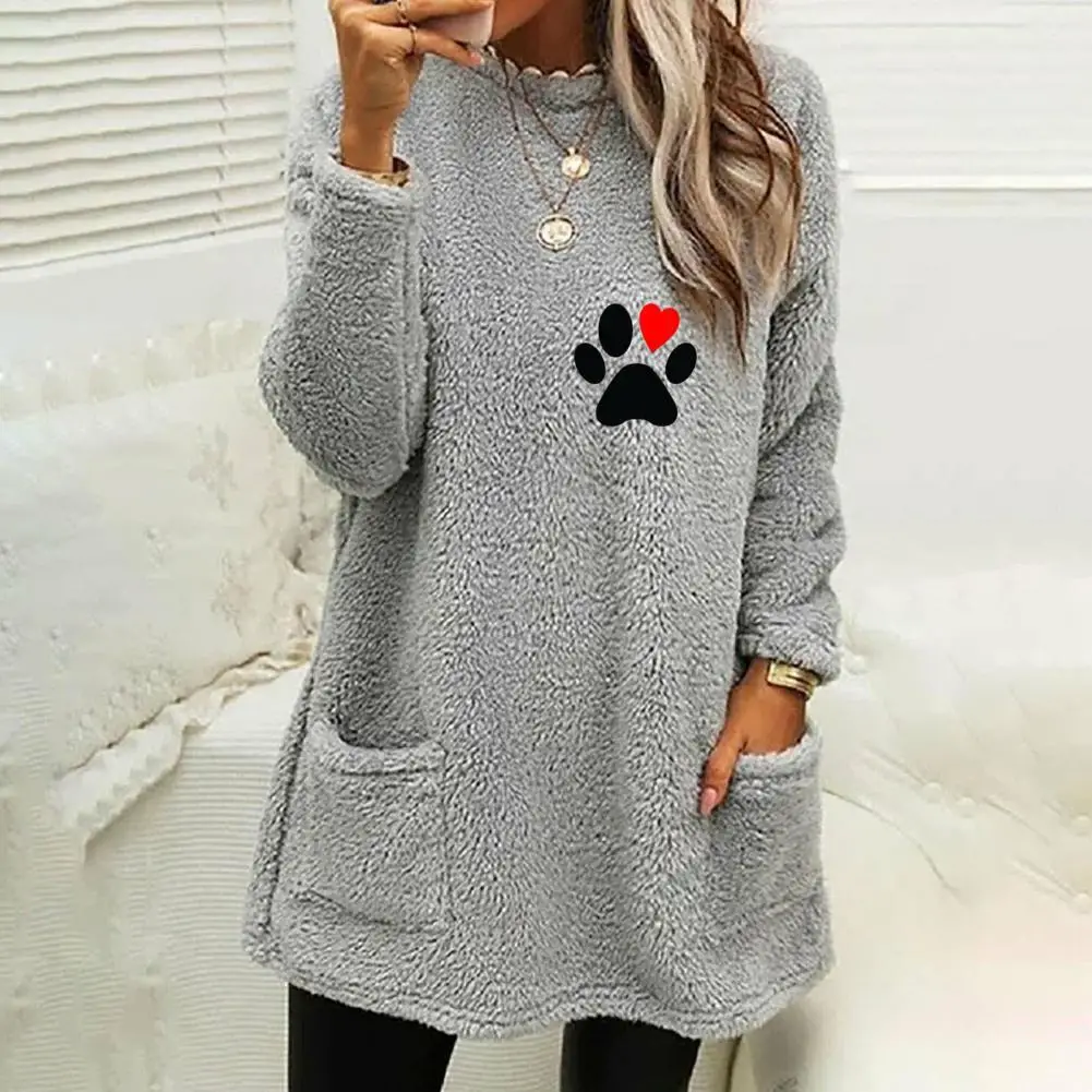 

Polyester Sweatshirt Cartoon Paw Pattern Plush Sweatshirt with Pockets for Women Cozy Mid-length Pullover for Winter Fall Soft