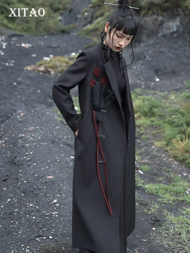 

XITAO Fashion Women Tailored Coat Asymmetrical Three-dimensional Mesh Flower Spicing Decoration Coat 2023 Autumn New ZZ0185