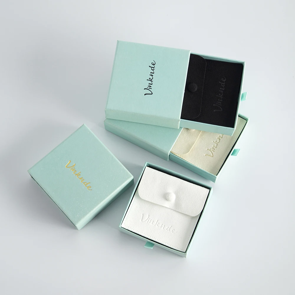 9x9x2.5cm Blue Paper Drawer Box Cardboard Jewelry Packaging Case Inside 8x8cm Microfiber Snap Button Gift Bag Small Suede Pouch