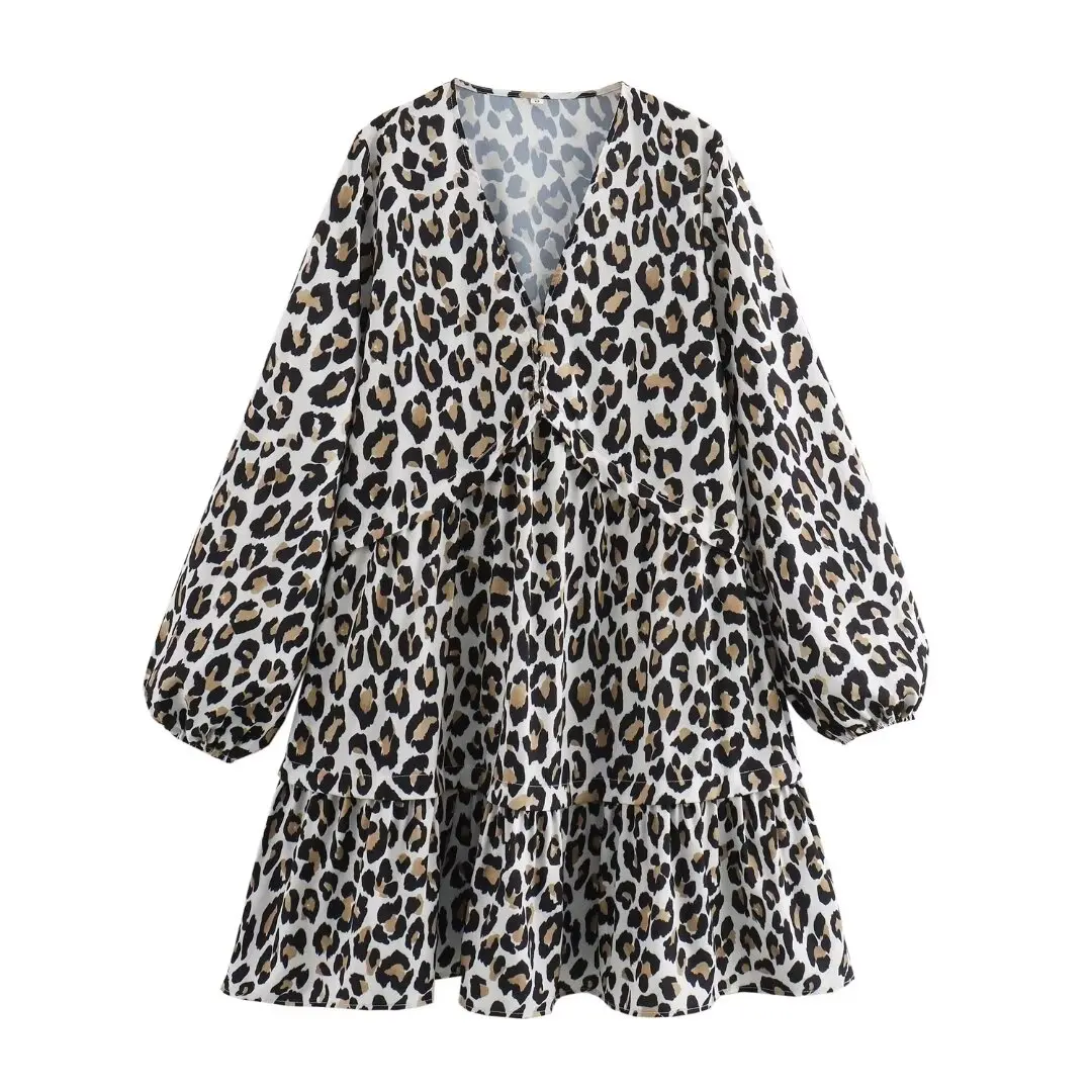 thumbnail image 1 of HH TRAF Vestido corto holgado de verano con estampado de leopardo y una hilera de botones para mujer, vestido plisado de manga larga con escote en V a la moda para mujer, 1 of 4