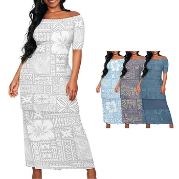 White Sunday Outfits Ngatu Manulua Samoa Puletasi Dress Tribal Elei Tapa Siapo Motifs FLower Leaf Women's Dresses 2Pcs Dress Set 1
