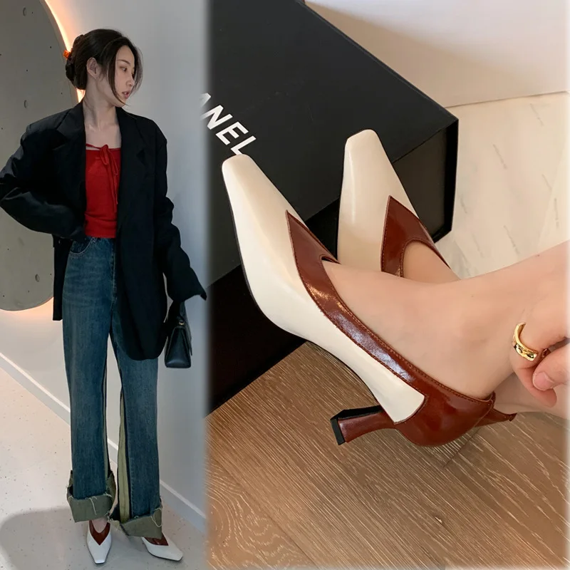 

Shallow Stiletto Square Toe Pumps Elegant Leather Color Block Loafers Comfortable Mid Heels Women Shoes Zapato de Tacón
