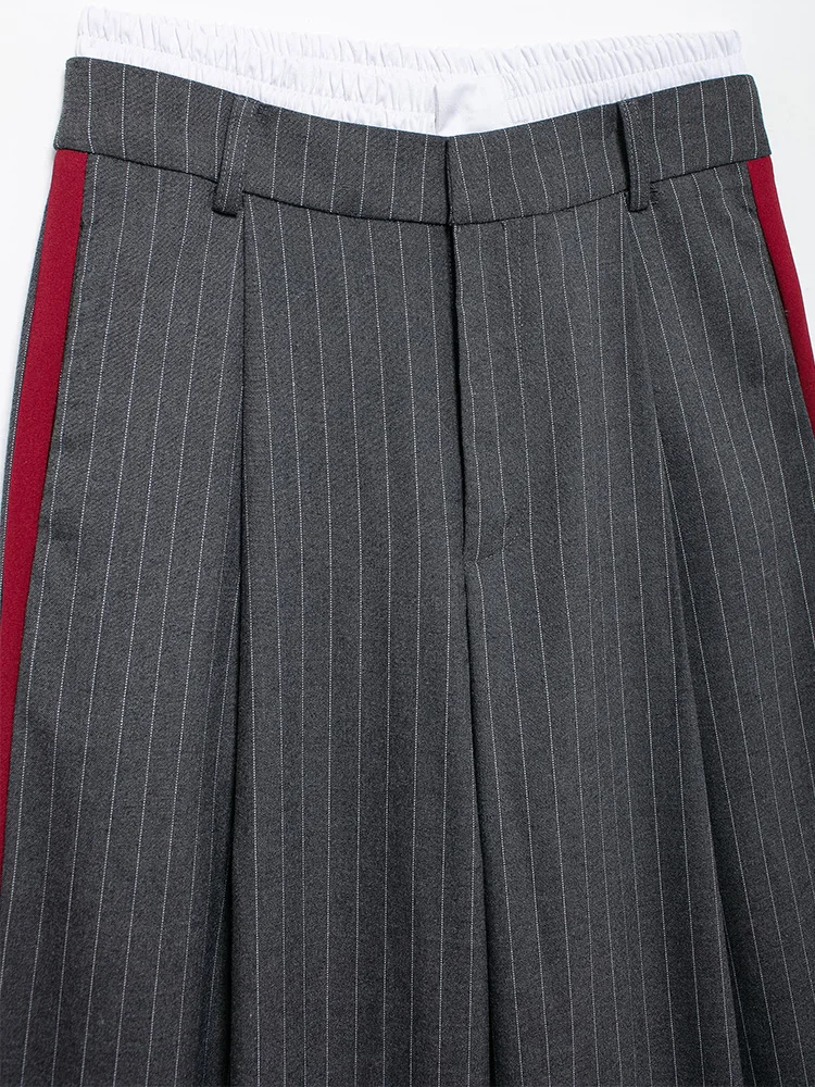 TFMLN 2024 Autumn Women Wide Leg Pants Vintage Stripe Print Decoration Red Side Splicing Female Pants Temperament Causal Pants