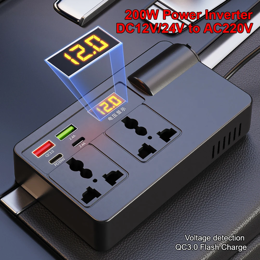 Car Inverter Power Adapter 200W DC 12V/24V to AC 220V Converter QC 3.0 USB/PD/Type-C Chargers Voltage Detection ON/OFF Switch Car Inverter