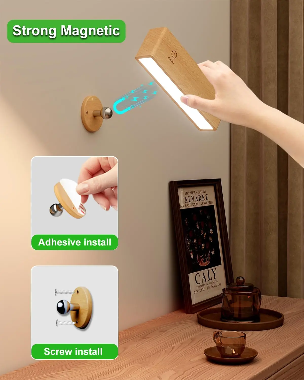 LED Wood Wall Lamp 3 Colors Remote Control 360 Rotate Magnetic Wall Sconce Touchable For Bedroom Cordless Reading Lamp