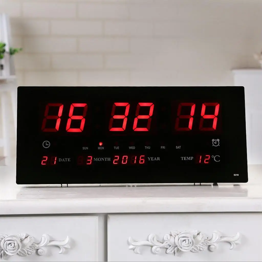 17' Electronic Large LED Wall Clock Alarm Clock Calendar Days Year Month Temperature Meter 24H Time Display EU Plug in