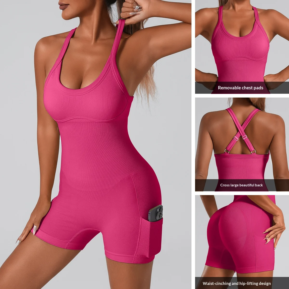 Soutien-gorge de sport intégré, body de yoga à dos croisé, justaucorps de sport sexy à dos nageur avec short et rembourrage pour femmes