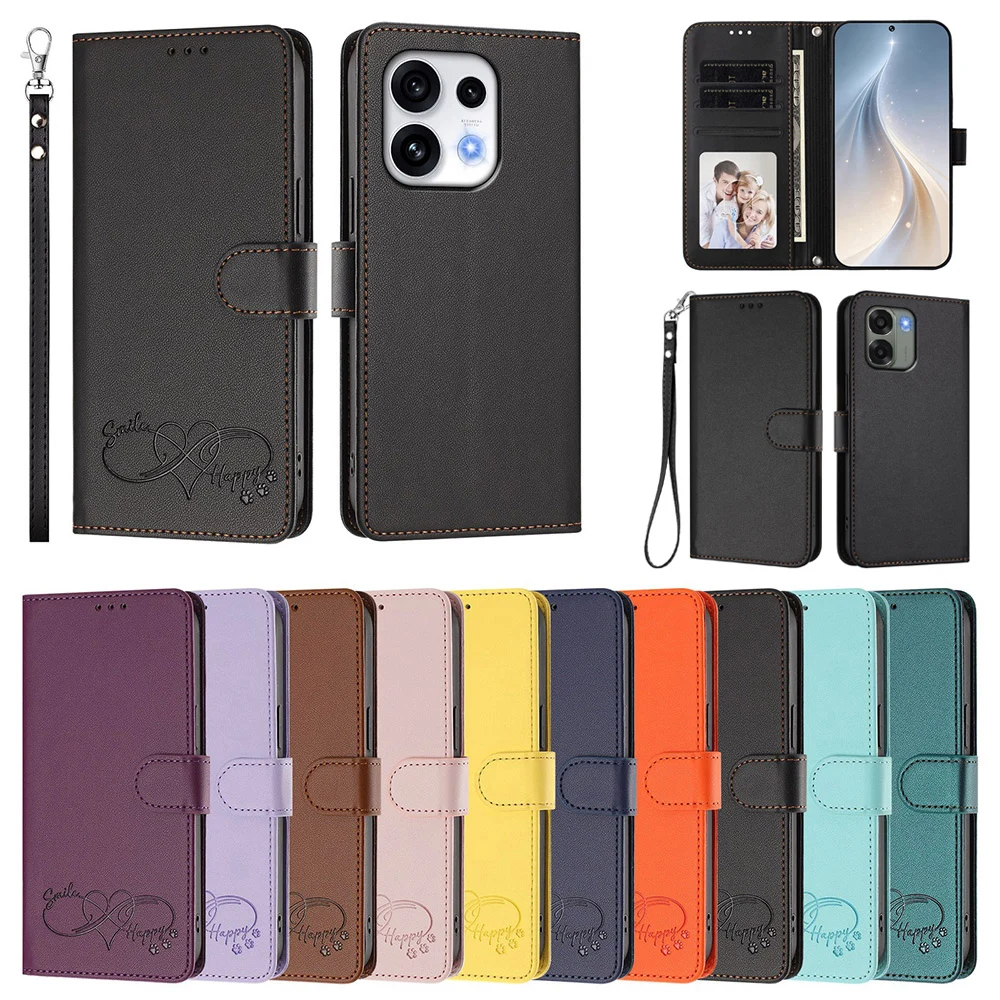 Leather Flip Wallet Phone Case with Card Holder and Strap