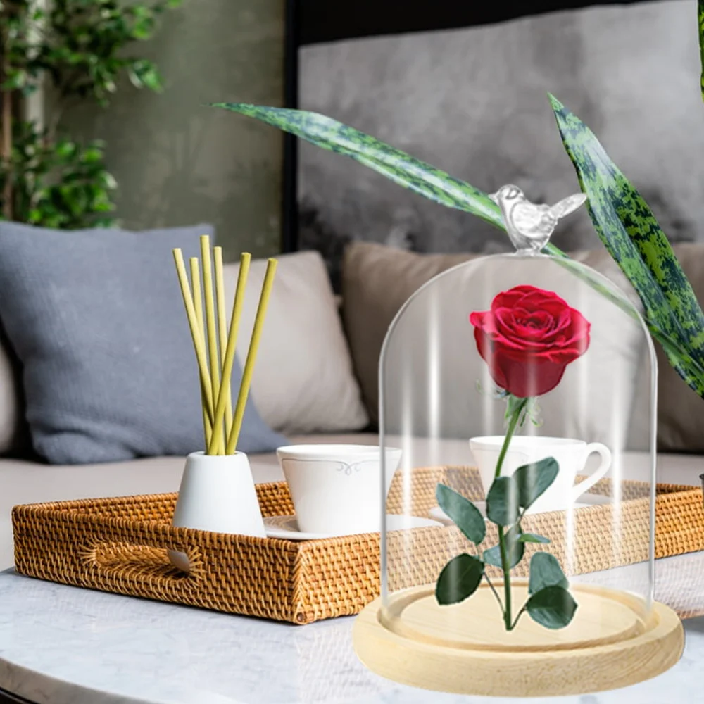 Valentines Day Gift Preserved Flower Glass Covered Dome with Bird Handle Wooden Base Valentines Day Mothers Day Gifts For Women 3