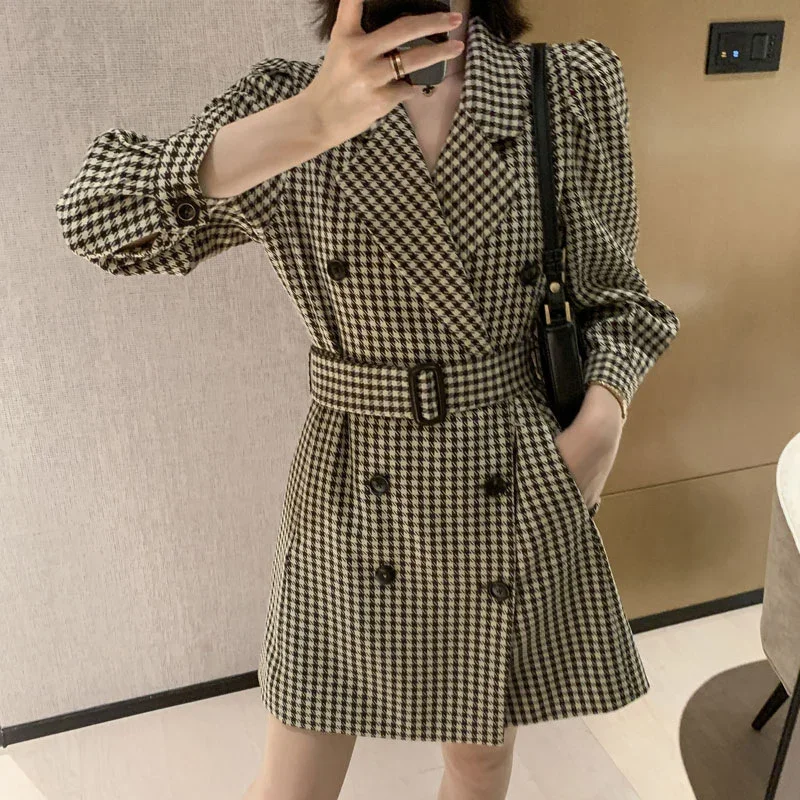 Women Fashion Sashes Plaid Suit Jacket Autumn 2022 New Puff Sleeve Button Blazer Woman Double Breasted Long Outwear Femme OL