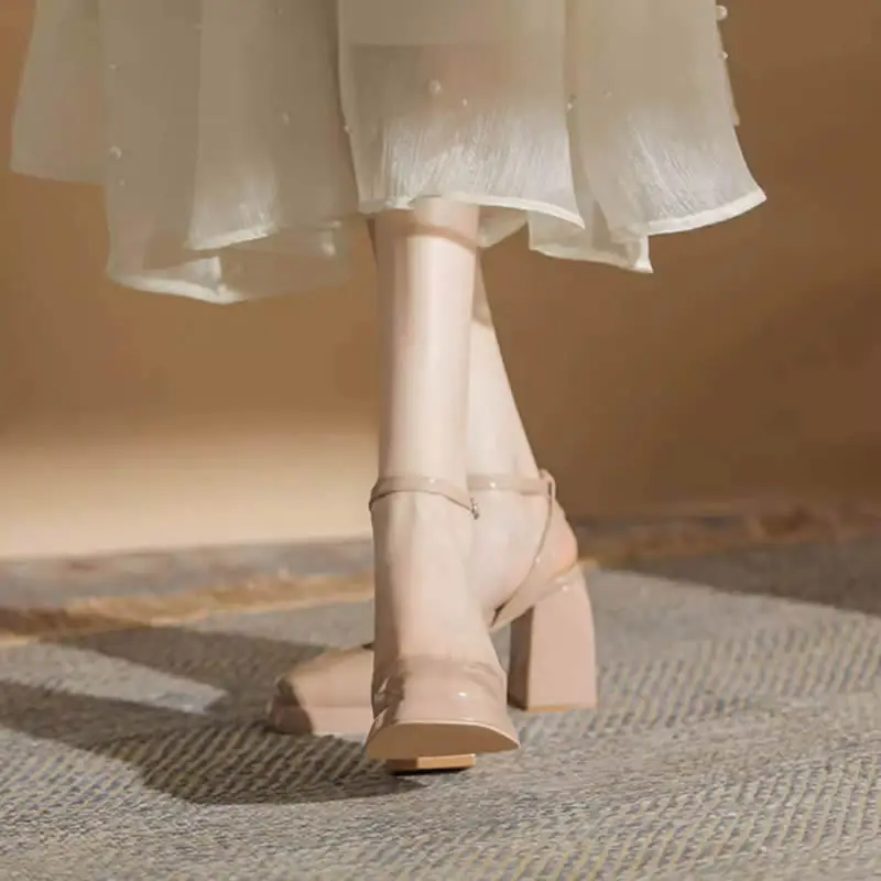 Beige High Heels Ankle Strap Platform Pumps Women Fashion Square Toe Chunky Heeled Sandals Lady Beige Wedding Dress Party Shoes
