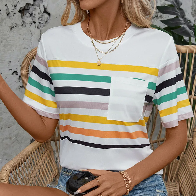 

JIM & NORA Summer hot selling new color striped T-shirt top pocket decorative design round neck short sleeve basic T-shirt