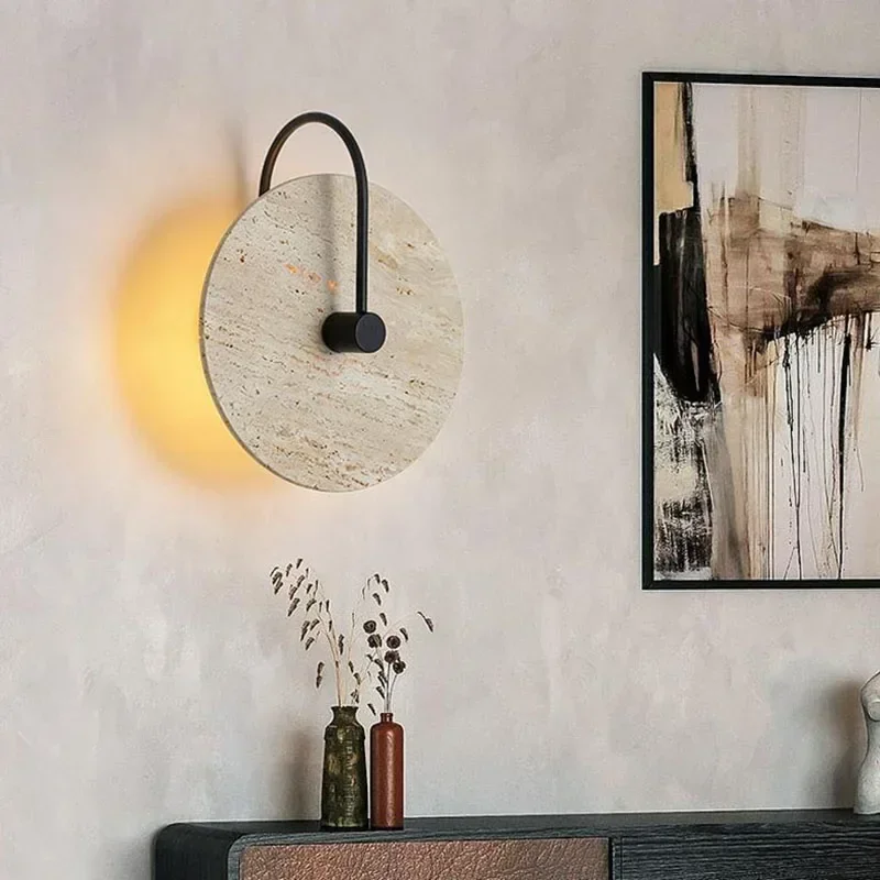 جولة حجر وحدة إضاءة LED جداريّة أضواء معدنية سوداء دروبشيبينغ غرفة نوم بهو الدرج متجر فندق جو الشمعدان مصباح الرخام الإبداعي.