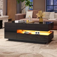 Table basse noire 95x50x40 cm avec plateau relevable, 1 tiroir, 1 armoire et éclairage LED – Table à thé brillante avec rangement dissimulé et semi-ouvert – Gain de place pour le salon – MDF robuste, montage facile – Moderne et fonctionnelle 1
