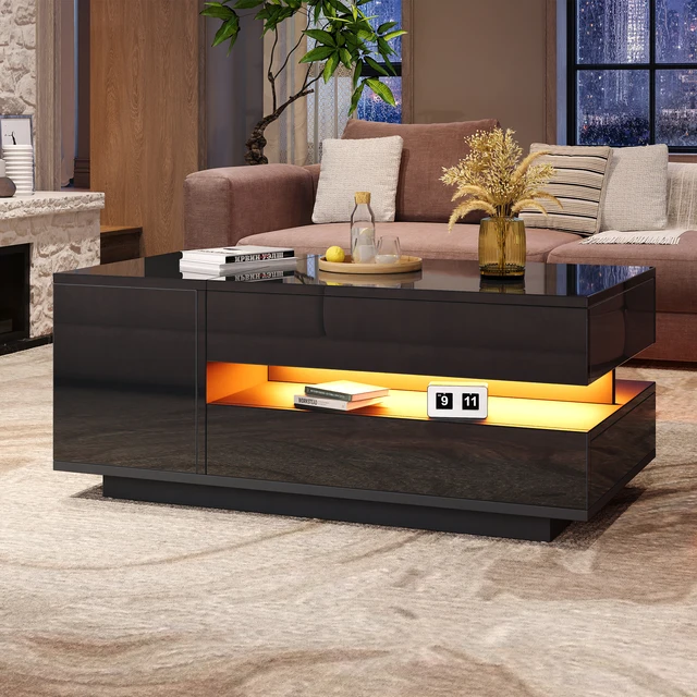 Table basse noire 95x50x40 cm avec plateau relevable, 1 tiroir, 1 armoire et éclairage LED – Table à thé brillante avec rangement dissimulé et semi-ouvert – Gain de place pour le salon – MDF robuste, montage facile – Moderne et fonctionnelle 1