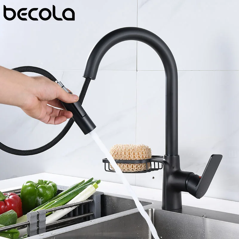 Becola Preto Torneira Da Cozinha Duas Funções Único Punho Pull Out Mixer Torneiras Torneira Pulverizador Fluxo Rotação Pia Tap