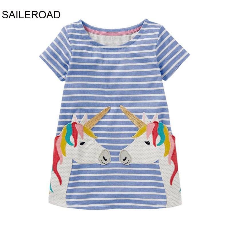 

SAILEROAD 2-7Y Baby Girl Princess Cotton Summer Children Short Sleeve Strped Unicorn Dresses Kids for Girls Skirt Clothes