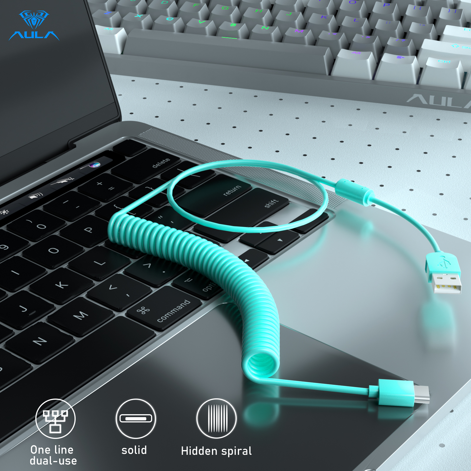  AULA Monochromatic Mini Micro Spiral Cable multi-purpose type-c Keyboard Cable Charging line Compatible with all devices for Lap 
