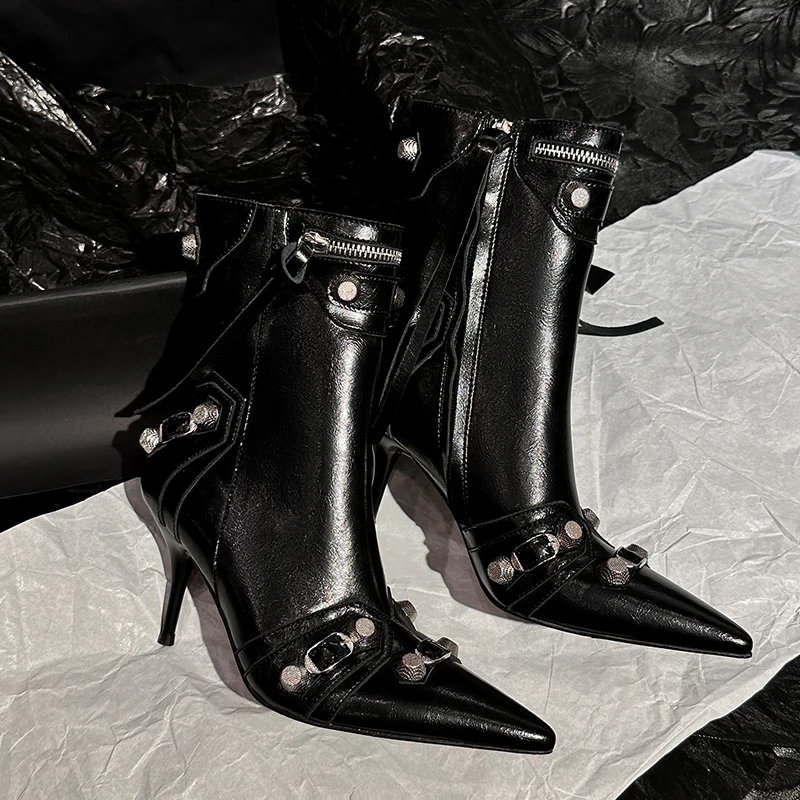 

Dropshipping Punk Style Metal Rivet Chelsea Women's Boots Retro Pointed Stiletto Zipper High Heels Leather Sexy Women's Boots
