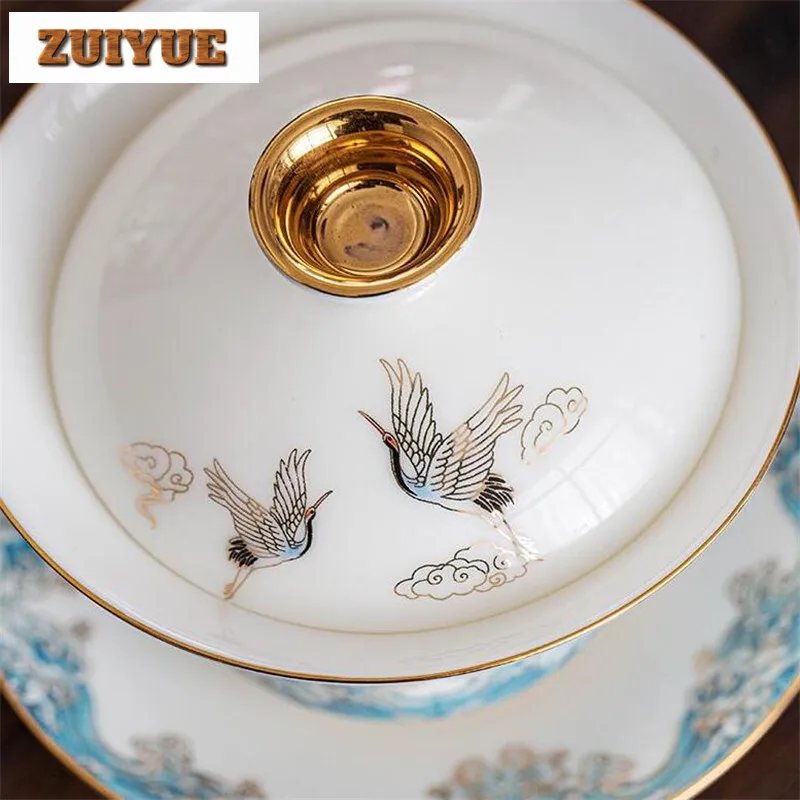 120ml White Nephire Porcelain Gaiawan Crane Wave Plated Tea Bowl Household Gaiwan Teacup Kung Fu Puer Tea Set Ceremony