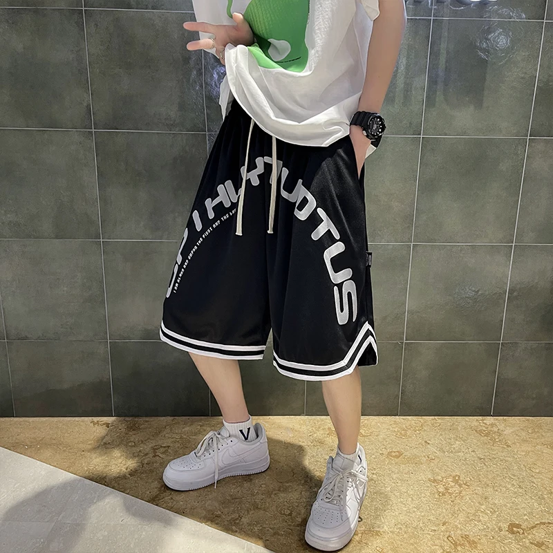 Men Cityboy Ice Silk Loose Shorts Summer Sports Basketball Ins Letters Print Short Pants Knee Length Trainning Drawstring Waist