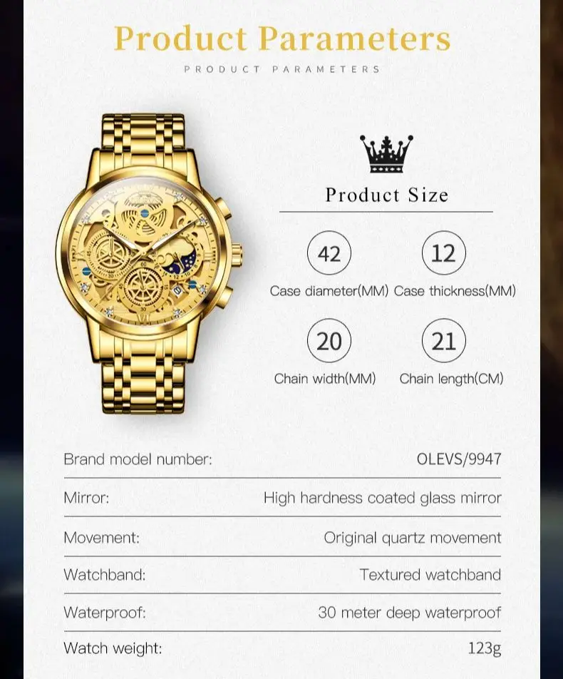 OLEVS 9947 Watch For Men Original Waterproof Luminous Business Quartz Wistwatch 42mm Big Dial Stainless Steel Calendar Man Watch