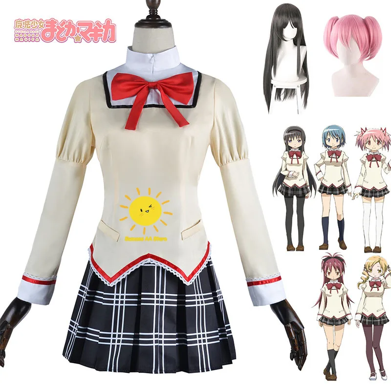 

Anime Magical Girl Puella Magi Madoka Magica Akemi Homura Kaname Madoka Cosplay Costume School Uniform Mahou Shoujo Wig Girl