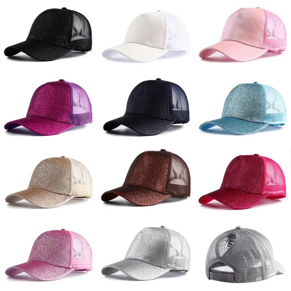 Gorra de béisbol con cola de caballo alta y purpurina para mujer, gorra Snapback informal de malla negra, blanca y rosa, Gorras de camionero para mujer 2023