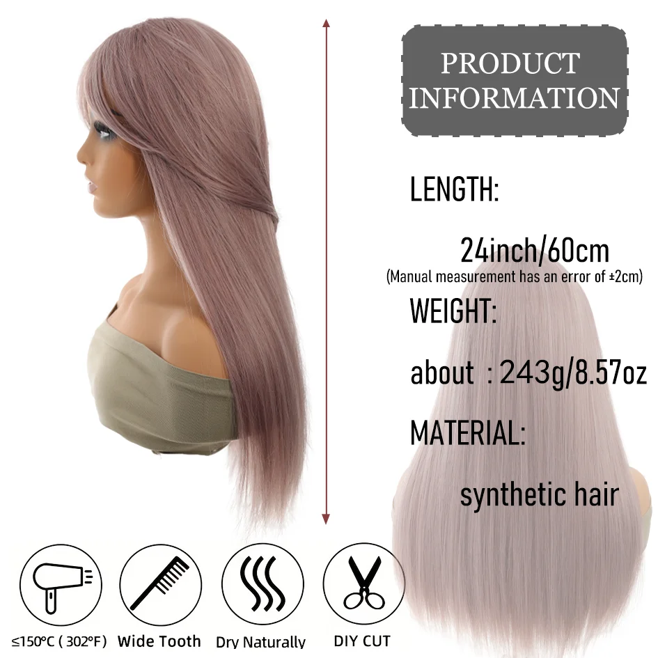 Synthetic - Grey Purple Wig 24 inches 8.57oz Bazi bangs long straight hair cover, Cosplay Music Festival Halloween Christmas