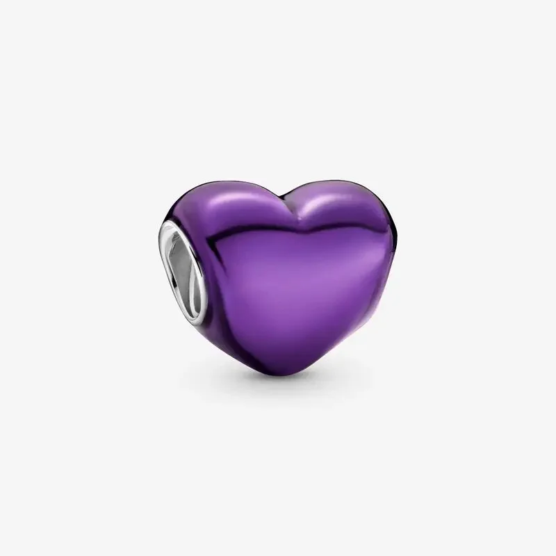 

Metallic Purple Heart Charms Fits Pandora Bracelet Authentic 925 Sterling Silver Metal Beads Women DIY Jewelry Making 2021 New