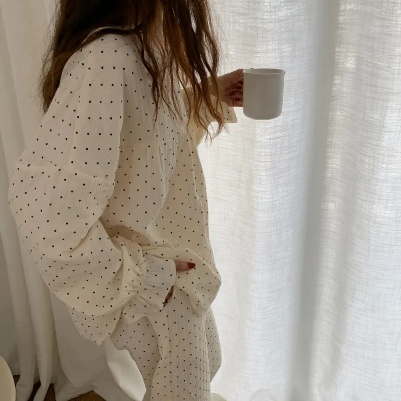 Women Cute Long-Sleeved Trousers Curry Polka Dot Printed Nightwear Homewear Spring and Fall Ladies Casual Sleepwear Loungewear 3