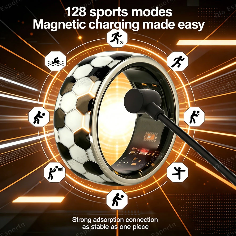 Nuovo Anello Smart con Motivo Calcistico, Impermeabile 5ATM, 128 Modalità Sportive, Monitoraggio 24H di Frequenza Cardiaca, Pressione Sanguigna e Stress, Anello Smart 2026 - immagine 5